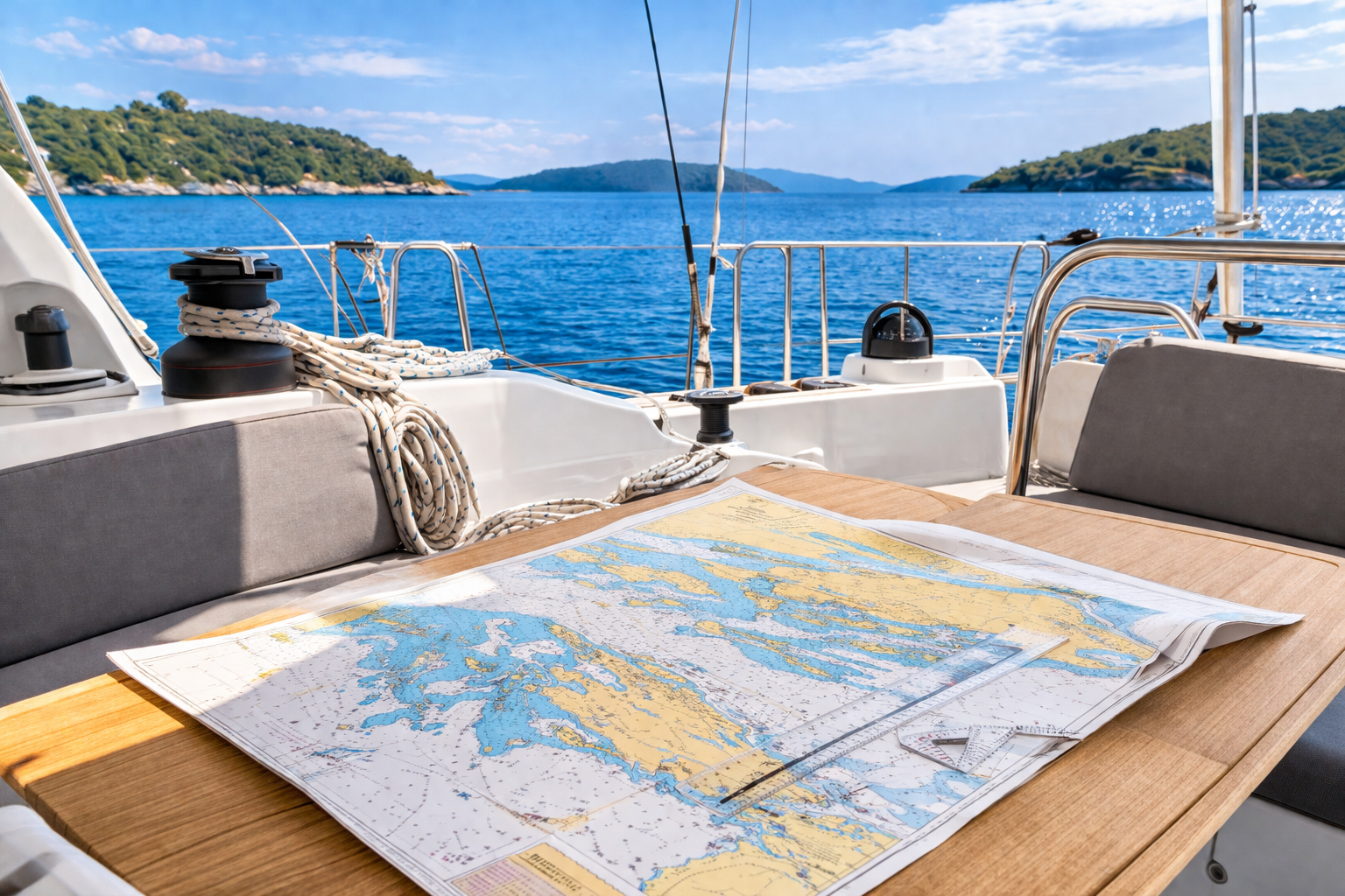 Cockpit of a sailing yacht in Croatia with a nautical chart